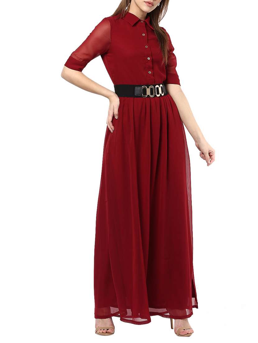 maroon solid belted maxi dress