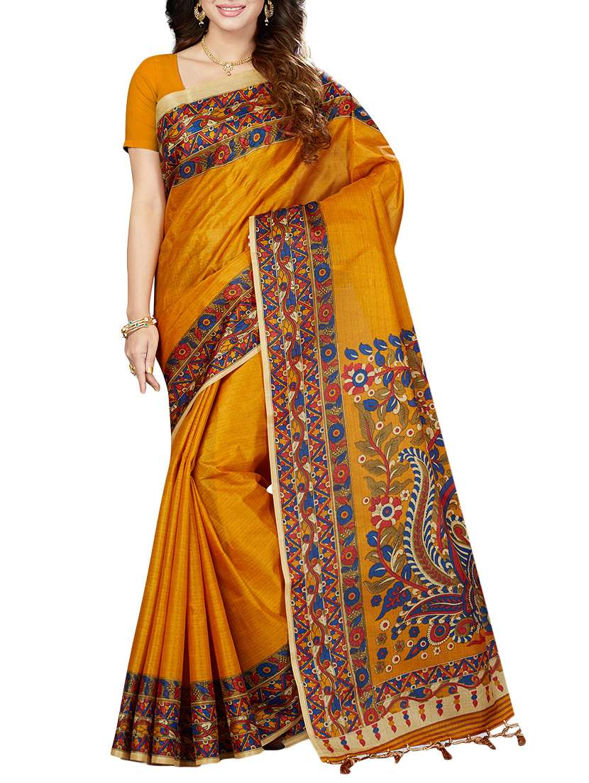 orange silk printed saree with blouse