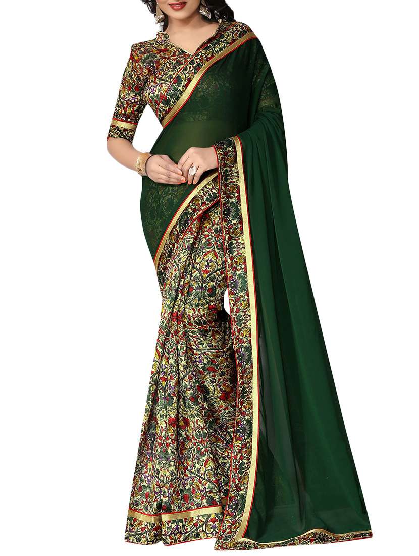 bottle green half and half saree with blouse
