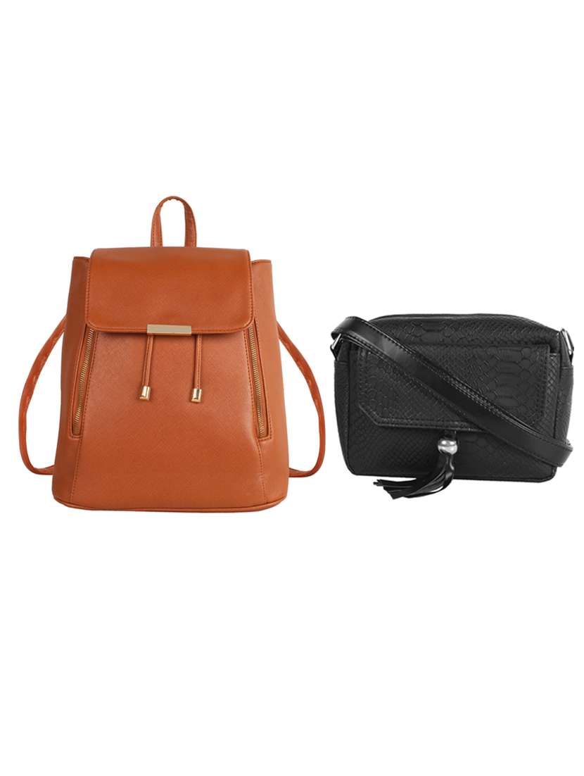 multi colored leatherette  regular sling bag and back pack