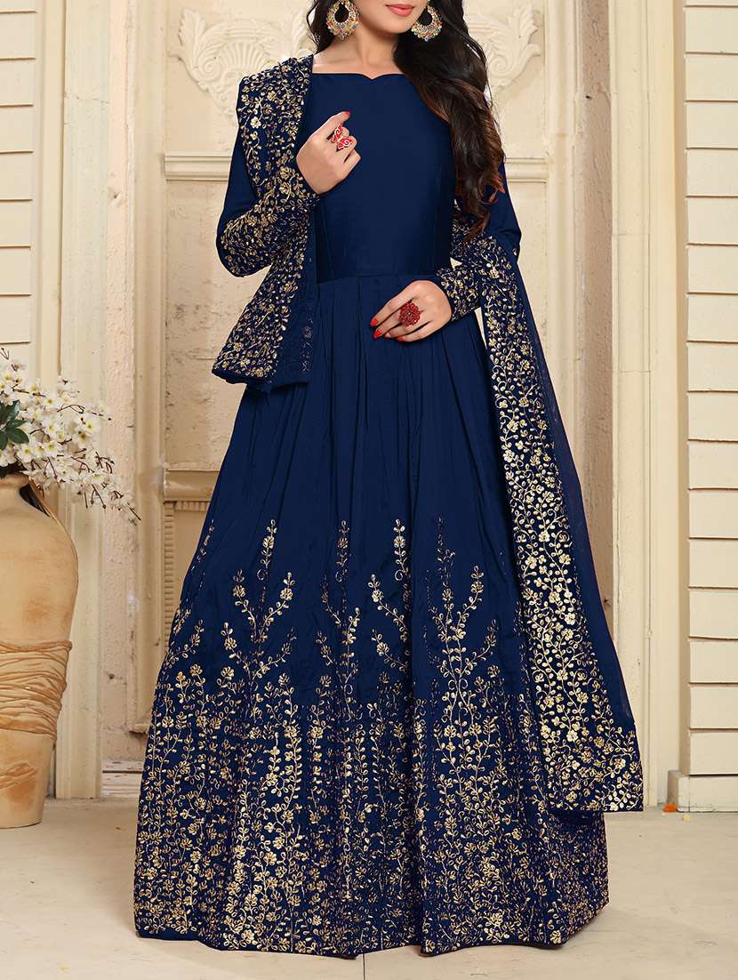 blue silk flared semi-stitched suit
