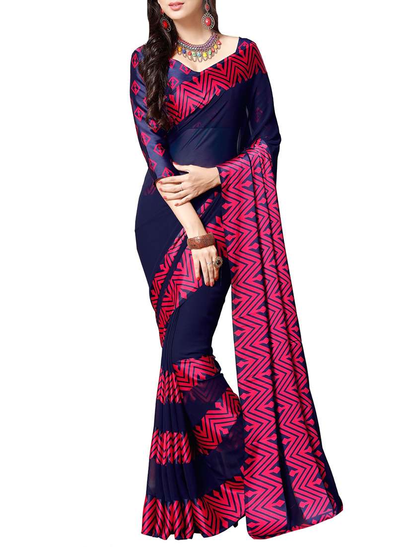 blue georgette printed saree with blouse