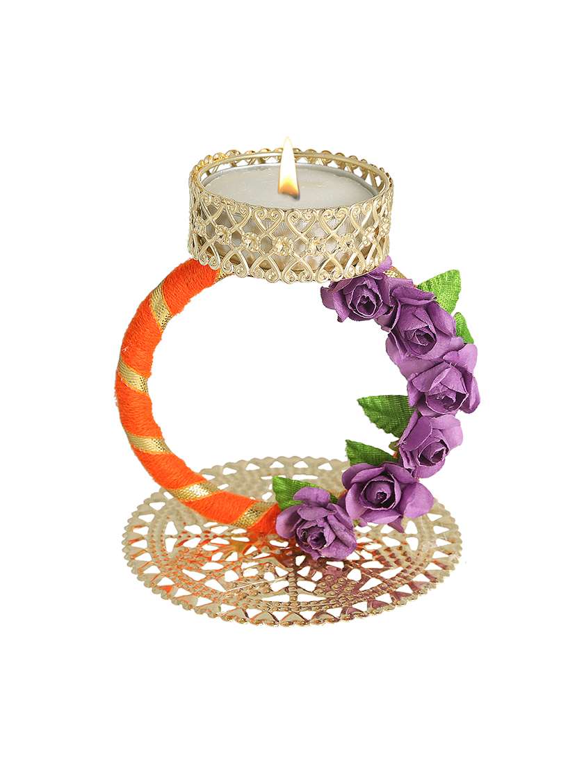 splendid indian art handmade gold plated gorgeous golden gota work tea-light candle stand