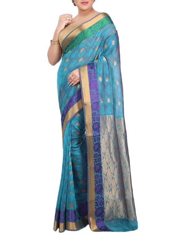 turquoise cotton silk woven saree with blouse