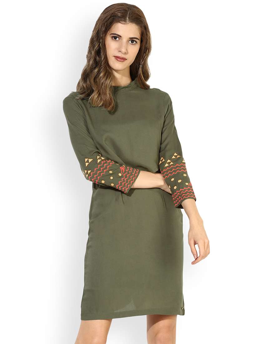 green printed shift dress
