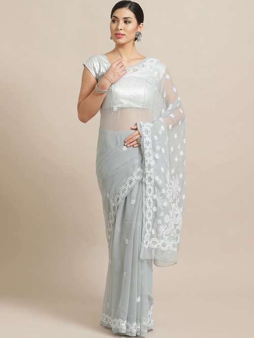 pearl grey georgette saree with chikankari work - 14587245 - Standard Image - 0