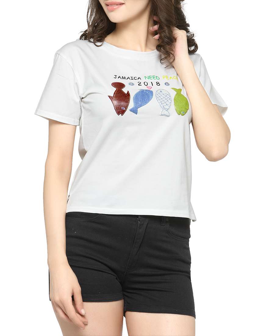 women's chest print round neck t-shirt