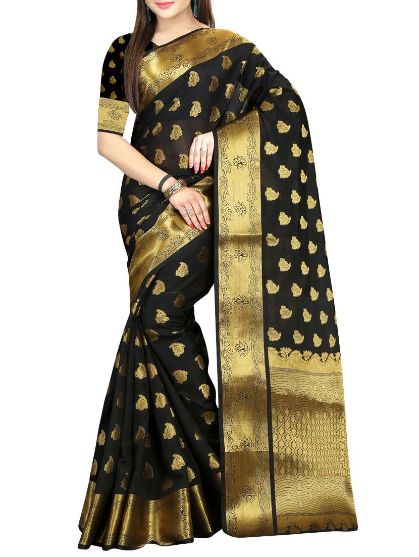 black cotton blend kanjivaram saree with blouse