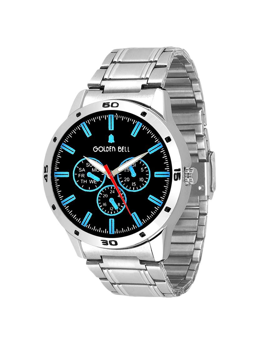 Golden Bell Original Black Dial Silver Stainless Steel Chain Analog Wrist Watch for Men - GB-961