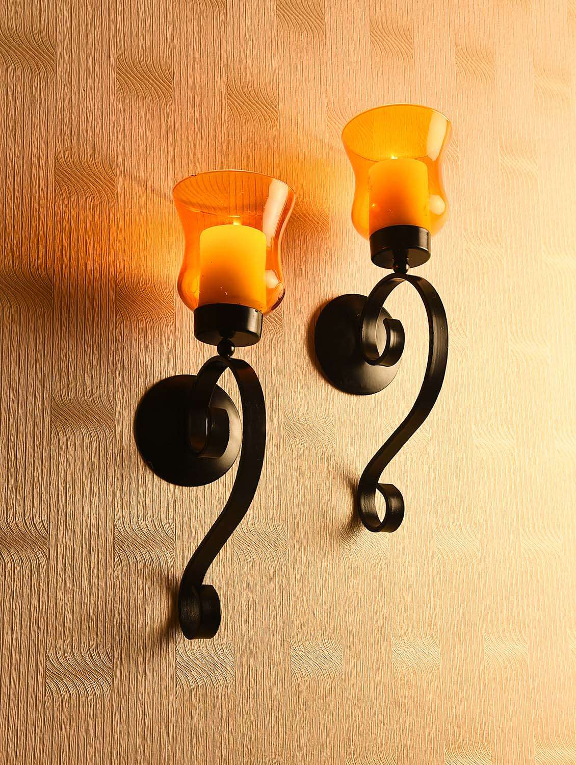 set of 2 decorative wall sconce candle holder with amber glass chimney with free candles