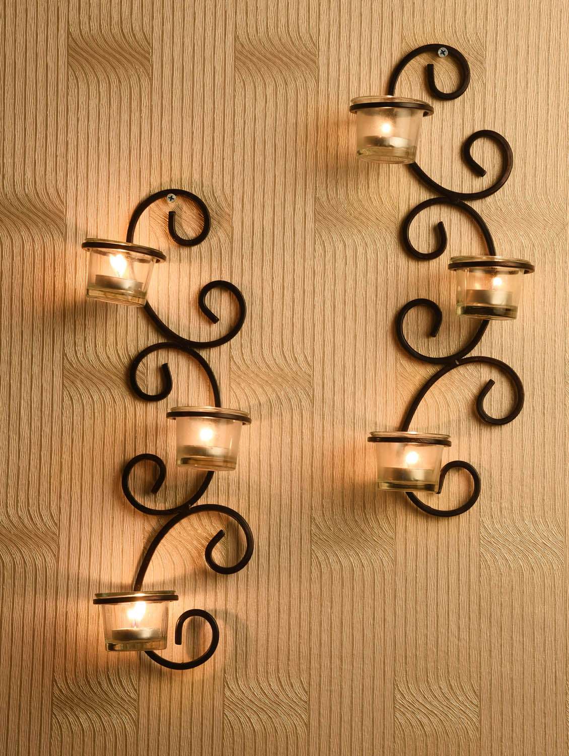 set of 2 antique bronze decorative wall sconce with clear glass and free tealights candles