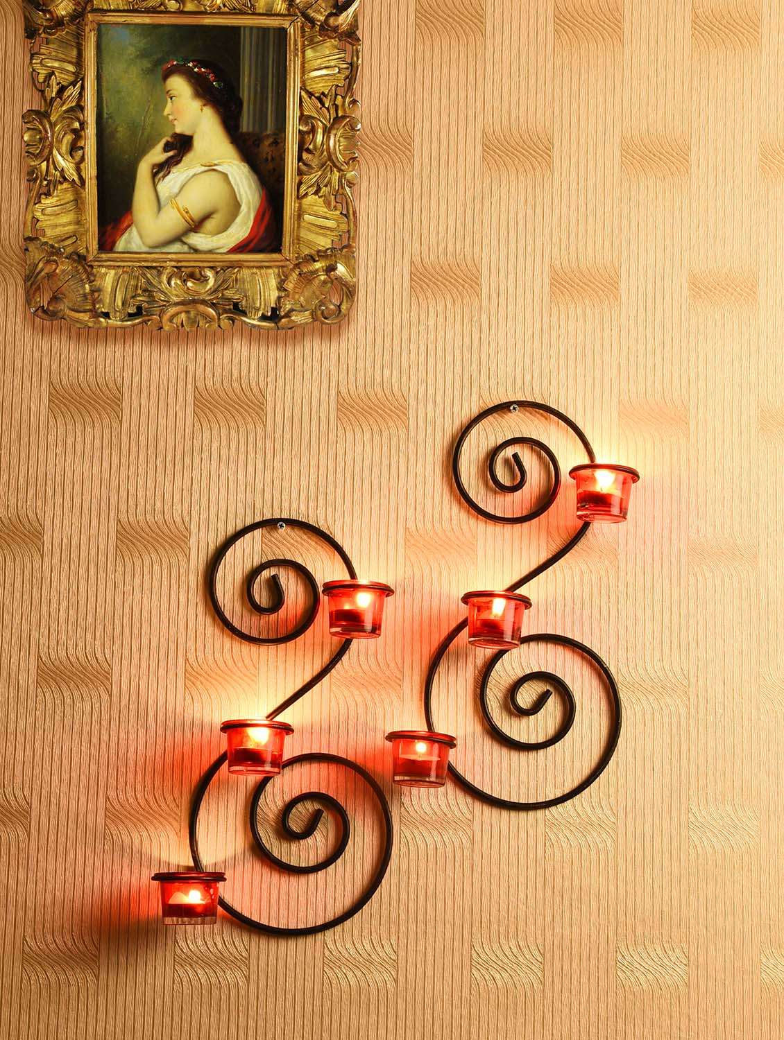 set of 2 antique bronze decorative wall sconce with red glass and free tealight candles