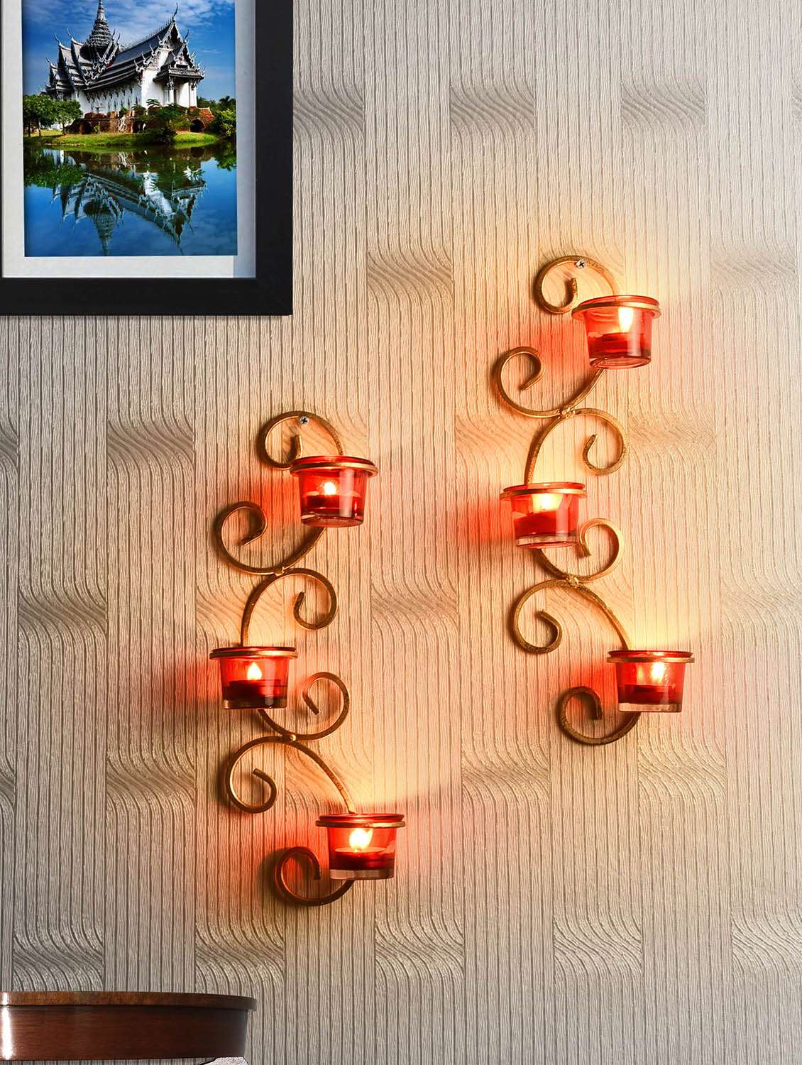 set of 2 metallic gold wall sconce with red and clear glasses