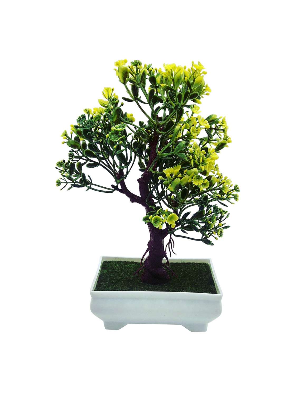 3 branched artificial bonsai tree with green leaves and yellow flowers