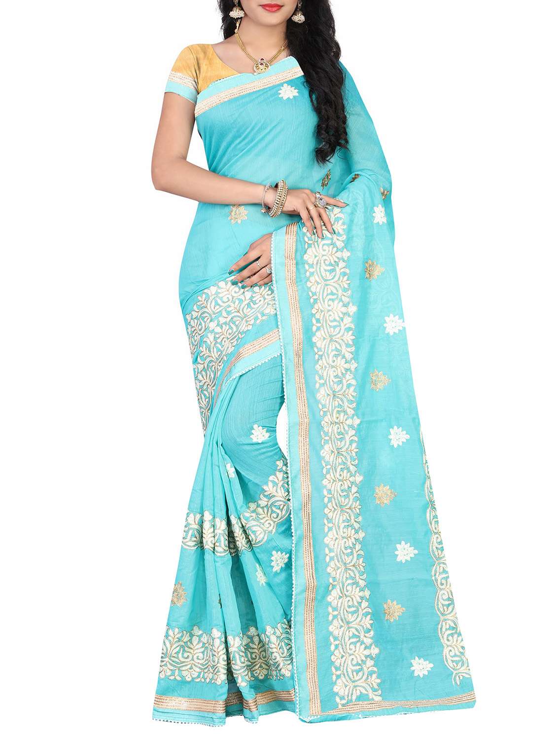 sky blue cotton embroidered saree with blouse