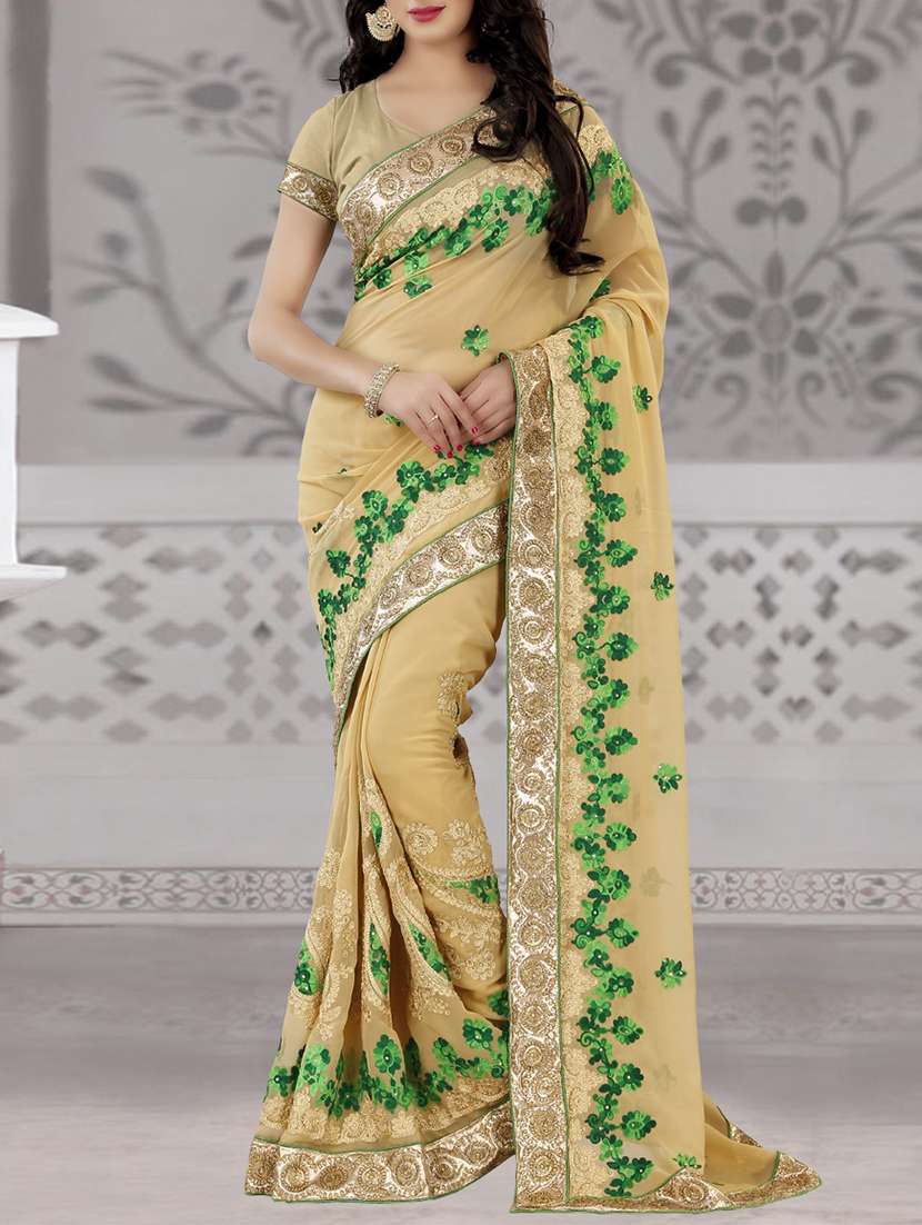 beige faux georgette embroidered saree with blouse