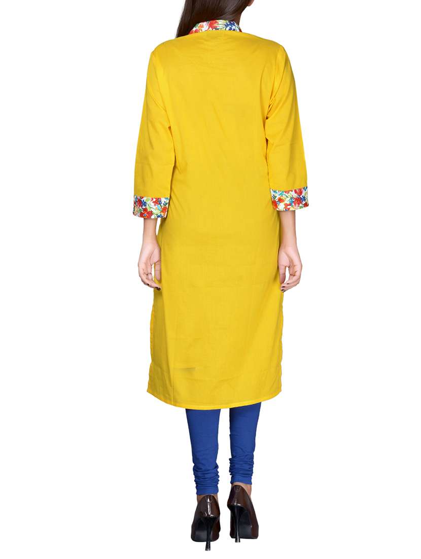 yellow cotton straight kurta - 14616593 - Standard Image - 2