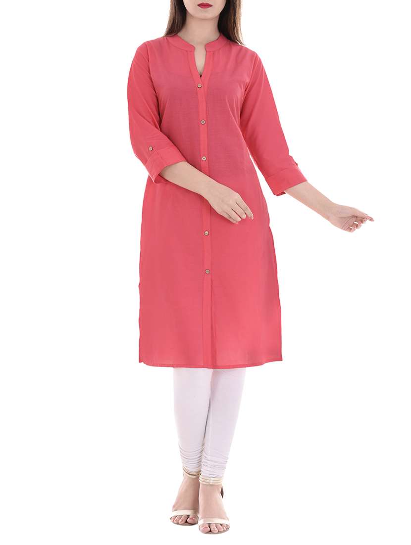 pink cotton straight solid kurta