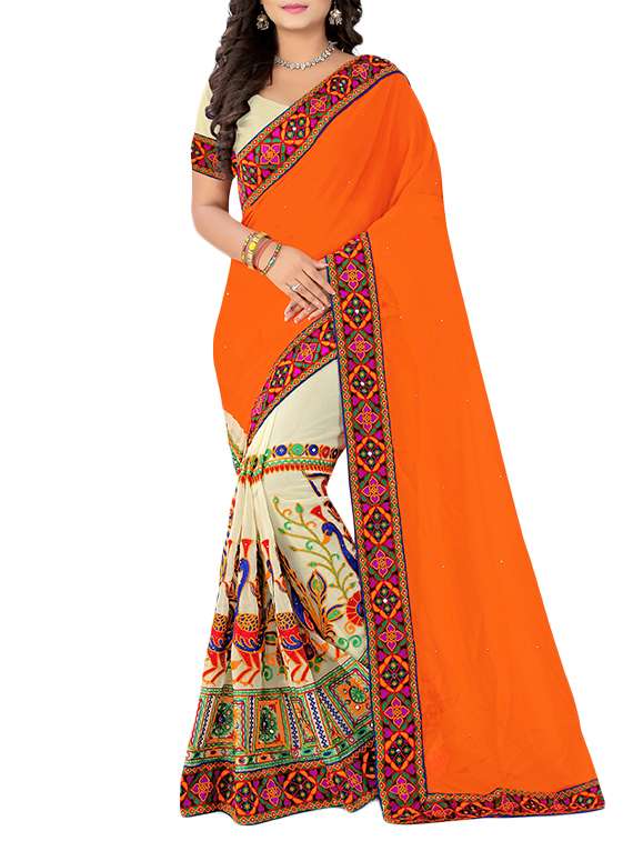 women's solid with work orange colored saree with blouse