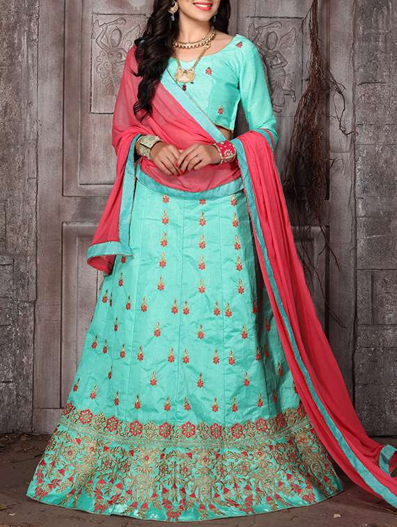 turquoise satin panelled lehenga