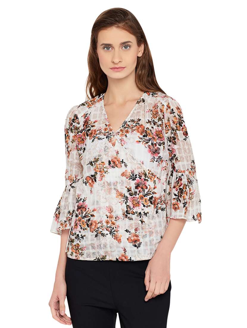 faux wrap floral flute sleeved top