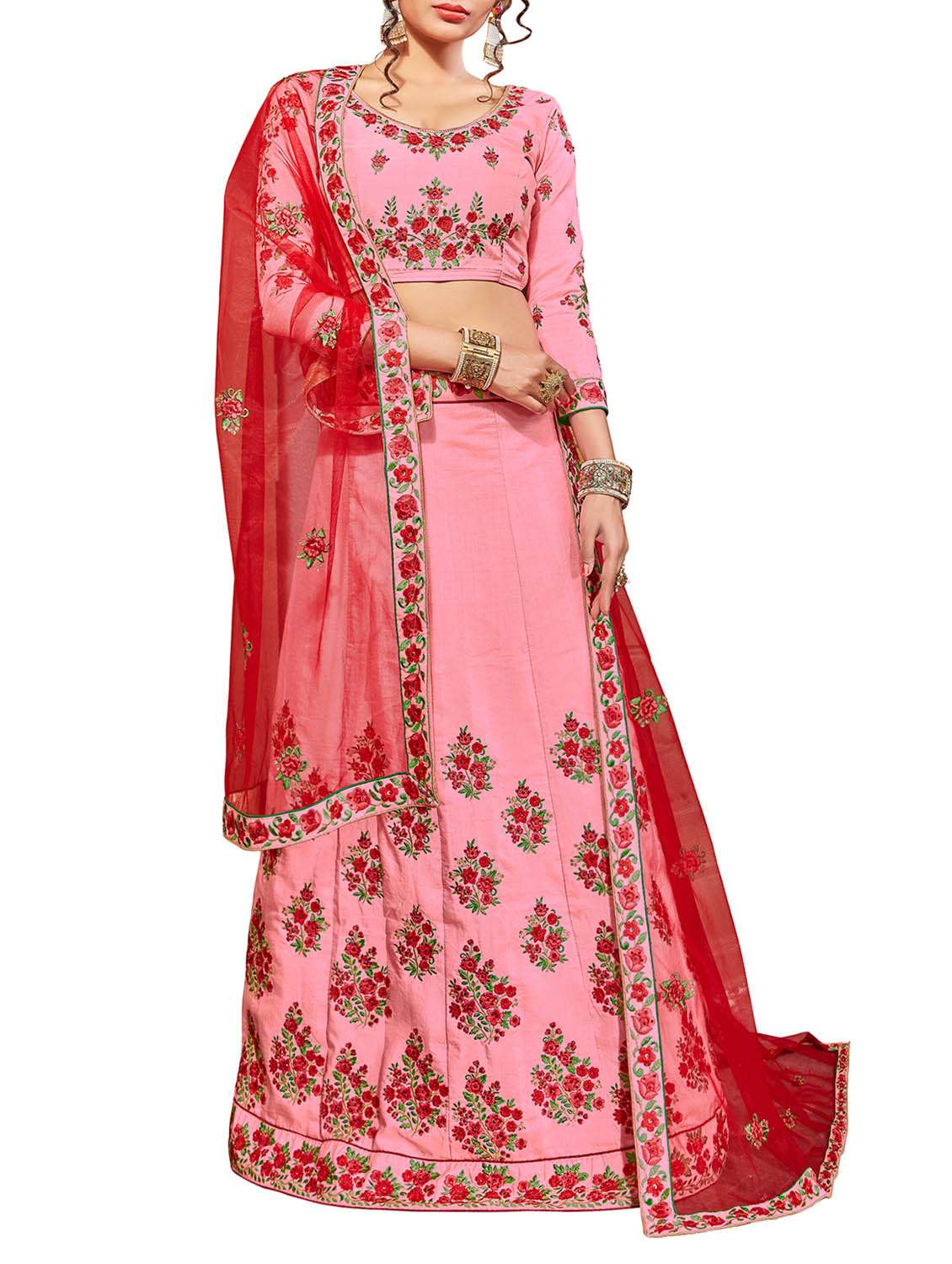 pink silk embroidered panelled lehenga