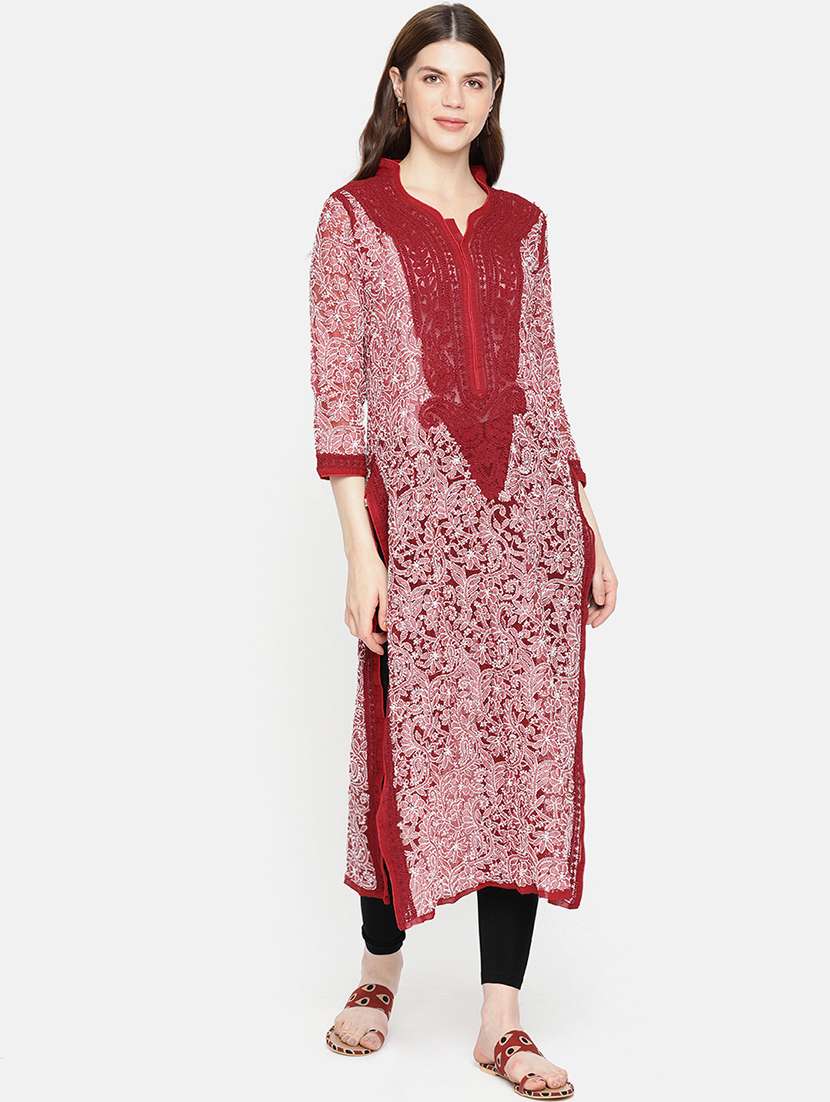 ada red faux georgette straight kurta