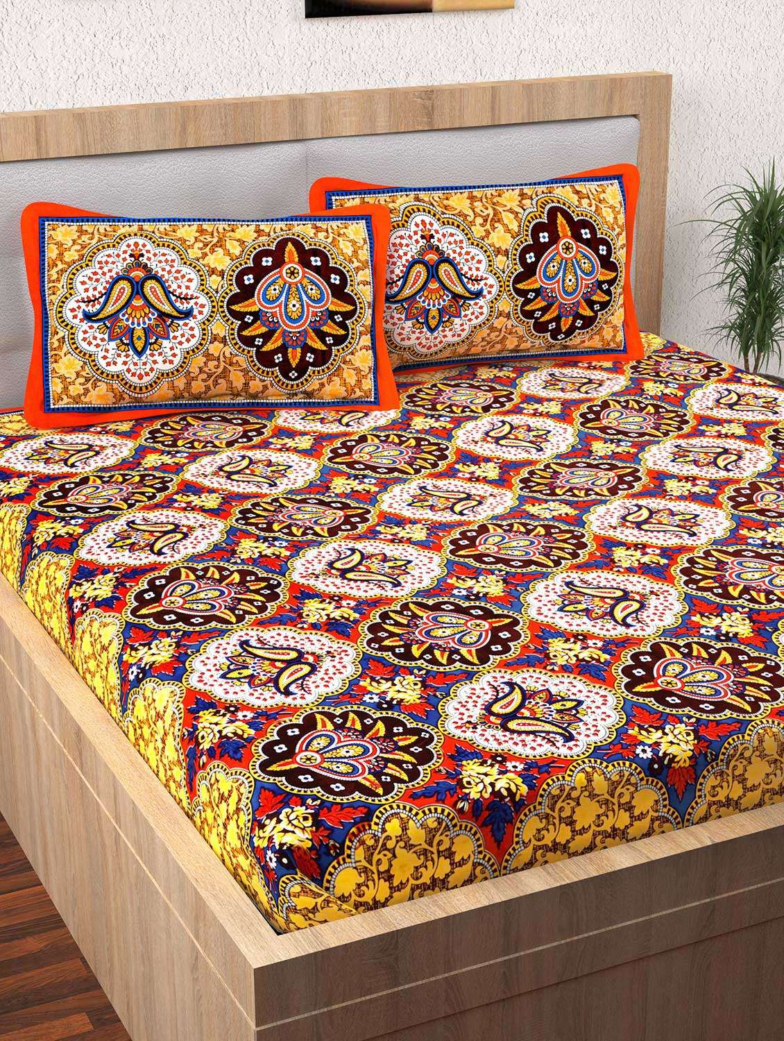 ethnic print 120 tc 100% cotton multicolored double bedsheet with 2 pillow covers