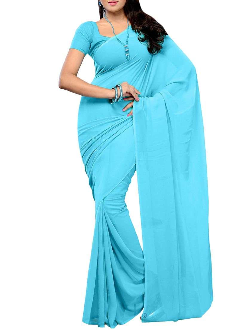women's solid turquoise colored saree with blouse