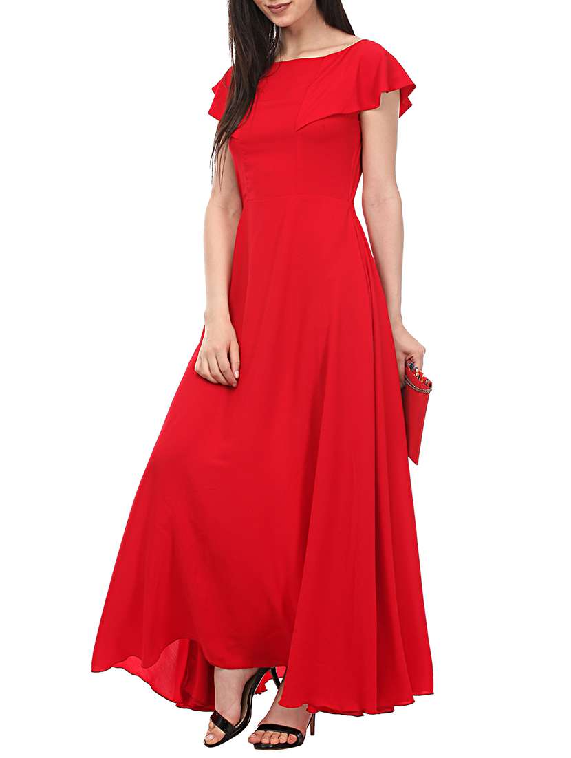 ruffled boat neck gown dress