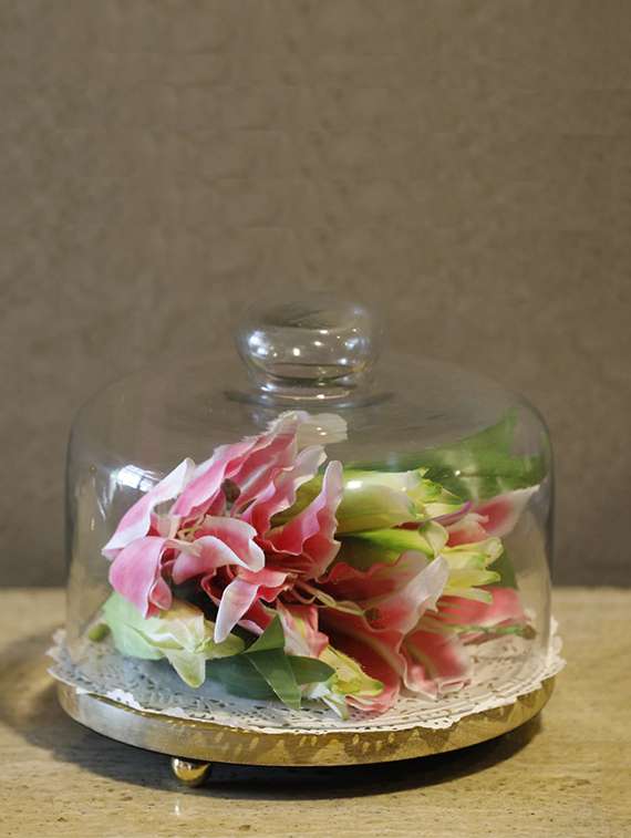 wooden cake platter with glass dome