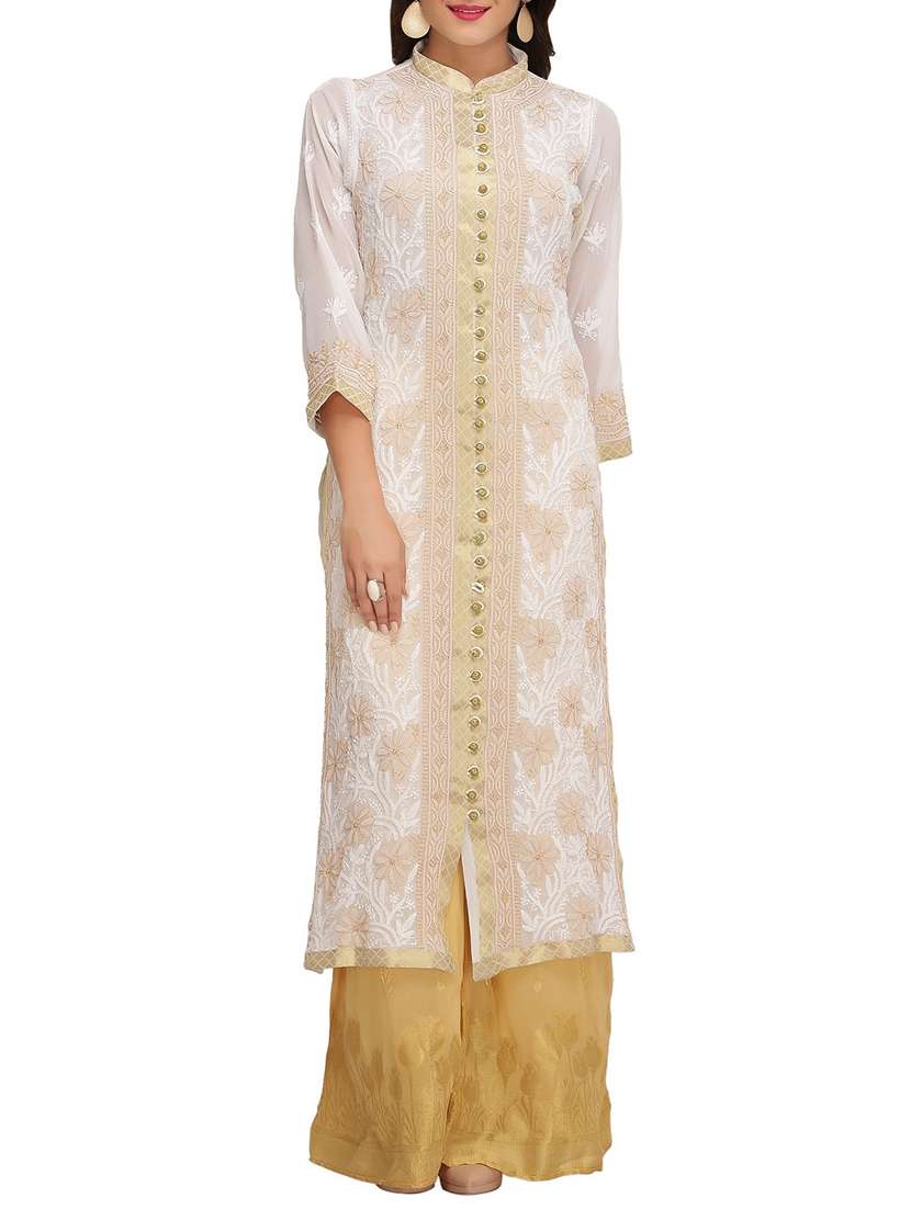 ada white faux georgette straight kurta