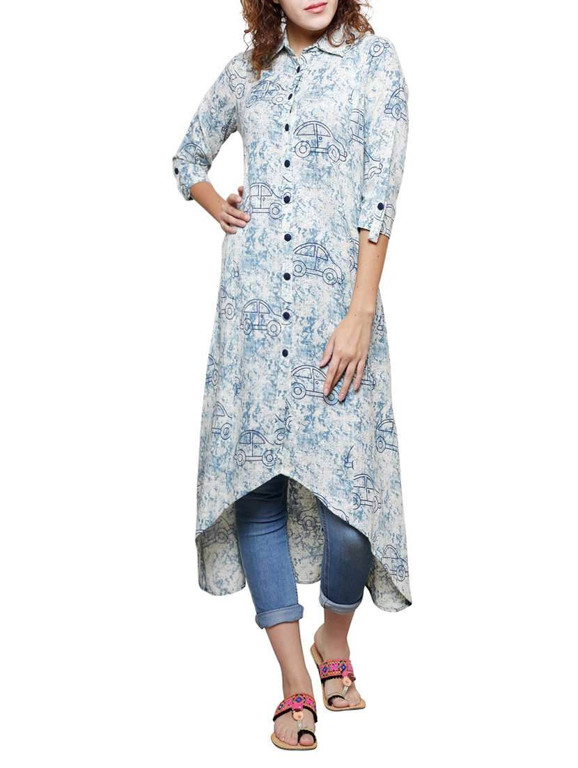 blue cotton blend high-low kurta