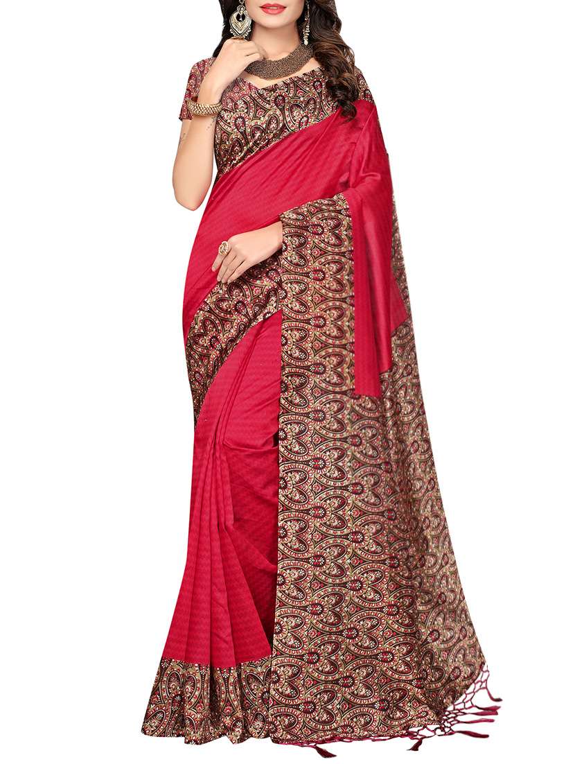 red art silk printed saree with blouse