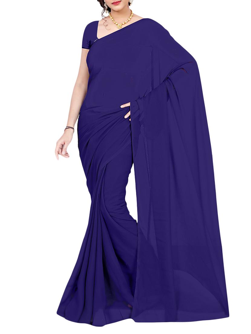 women's solid navy blue colored saree with blouse - 14681414 - Zoom Image - 0