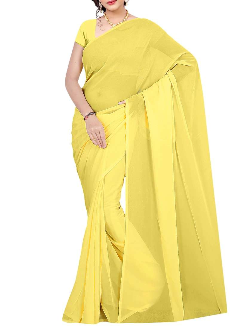 women's solid yellow colored saree with blouse