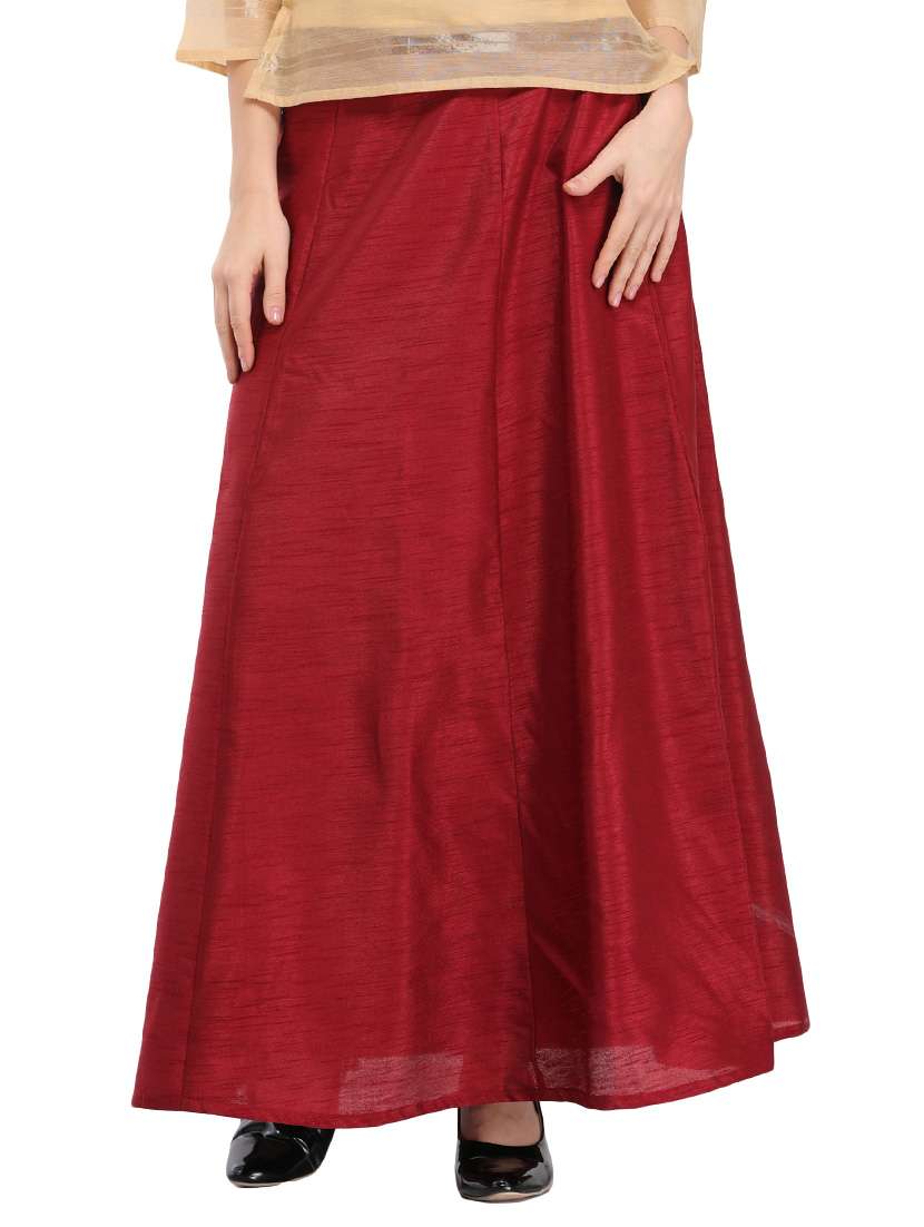 maroon silk blend a-line skirt