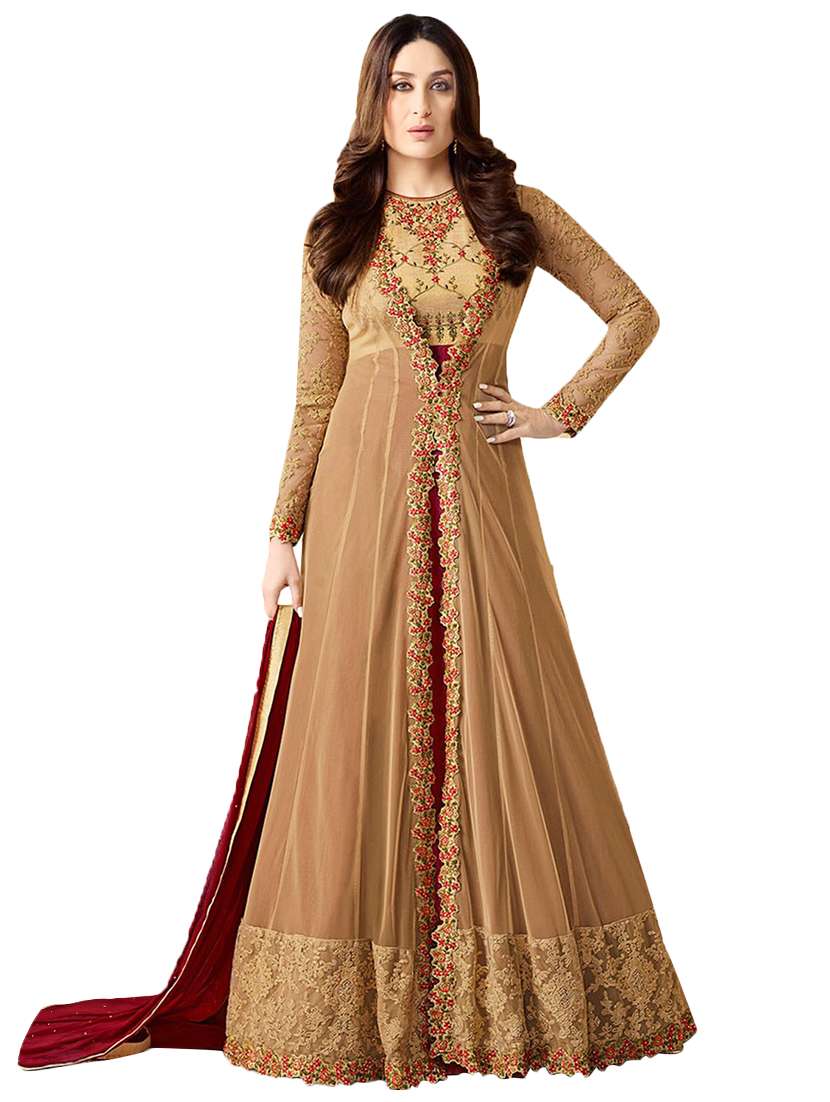 beige georgette anarkali semi-stitched suit