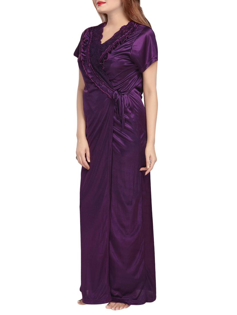purple lace detail solid sleepwear robe set - 14721552 - Standard Image - 2