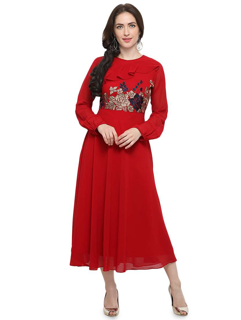 ruffle detail embroidered maxi dress