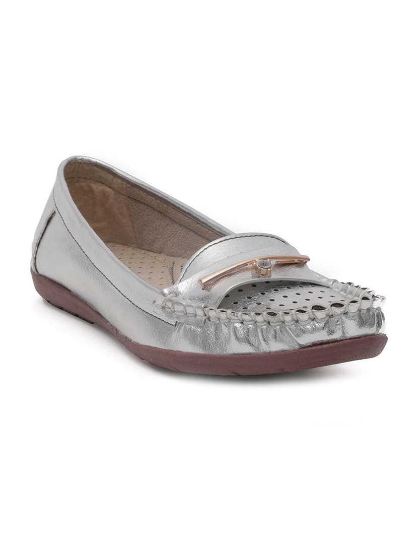 silver faux leather slip on loafers