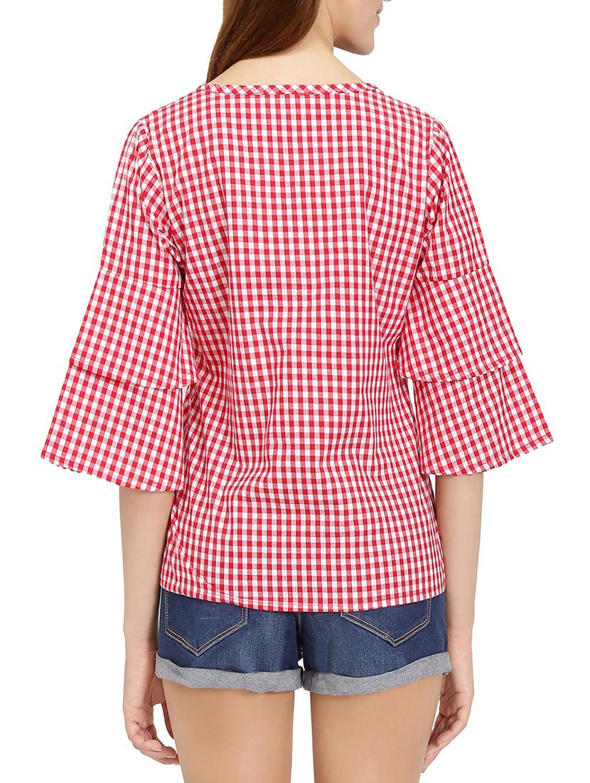 v-neck bell sleeved gingham top - 14736801 - Standard Image - 2