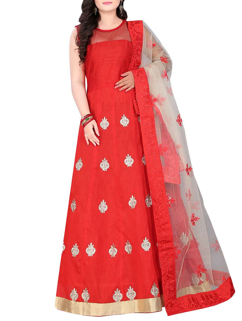 red silk blend fit & flare gown