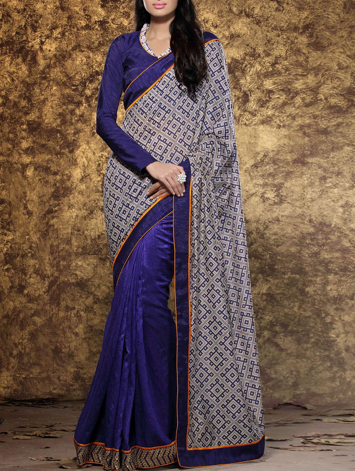 women's geometric blue colored saree with blouse