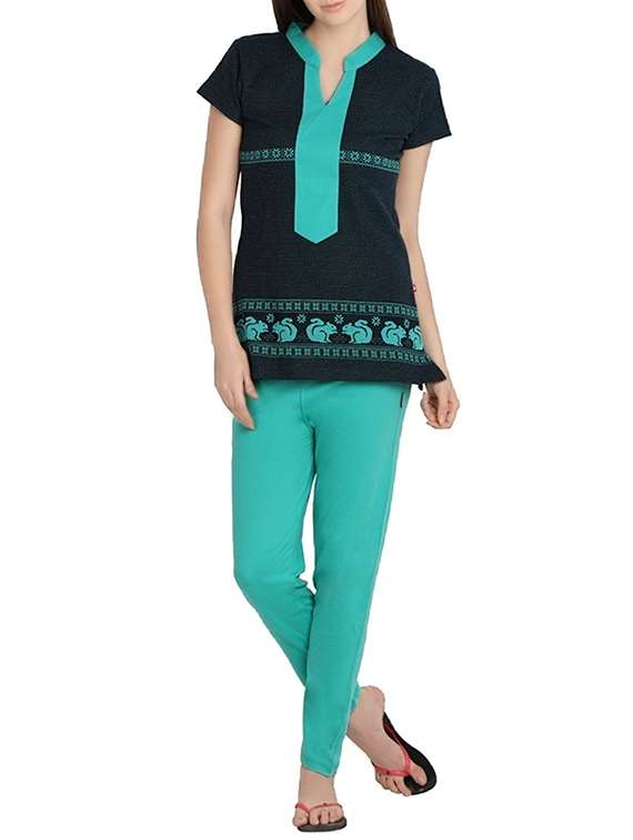 mandarin neck top with pajama set 