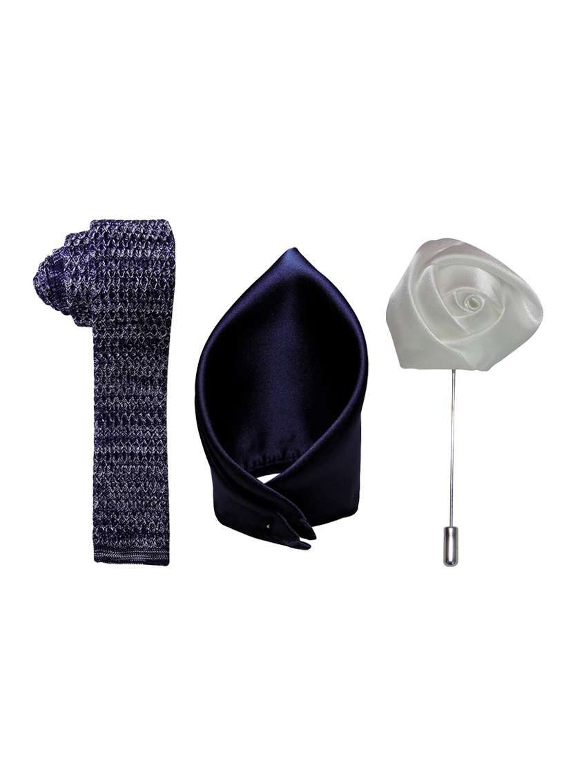 blue knitted tie, handkerchief and lapel pin
