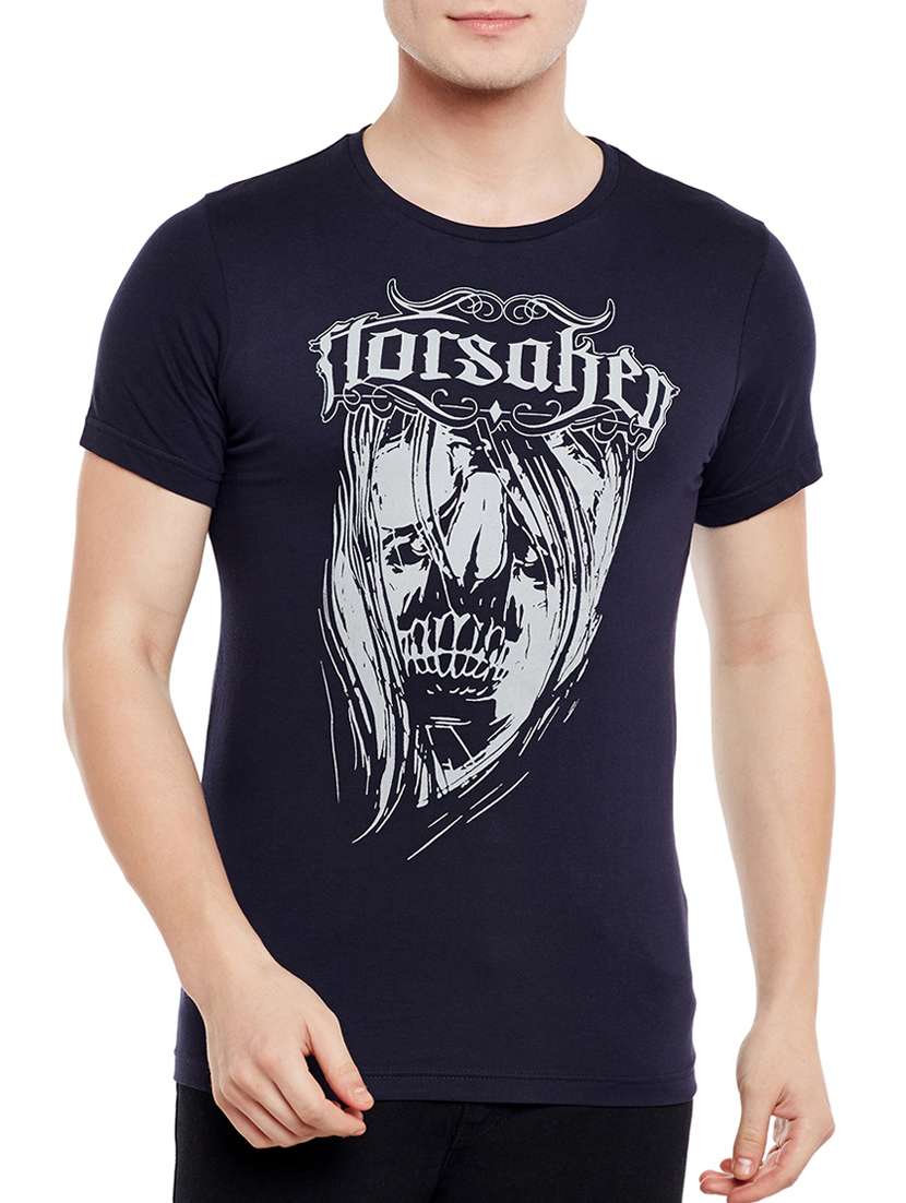 navy blue cotton chest print t-shirt