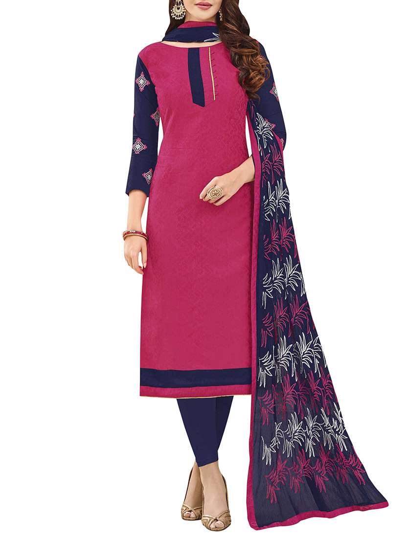 pink cotton semi-stitched churidaar suit