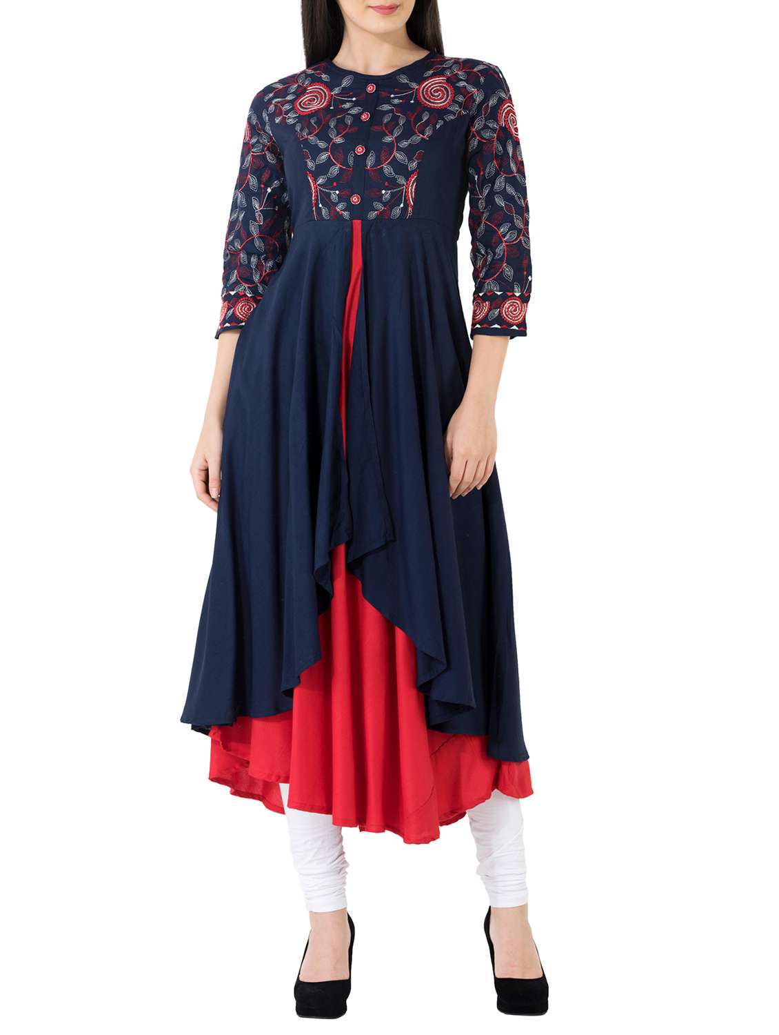 blue & red rayon layered kurta