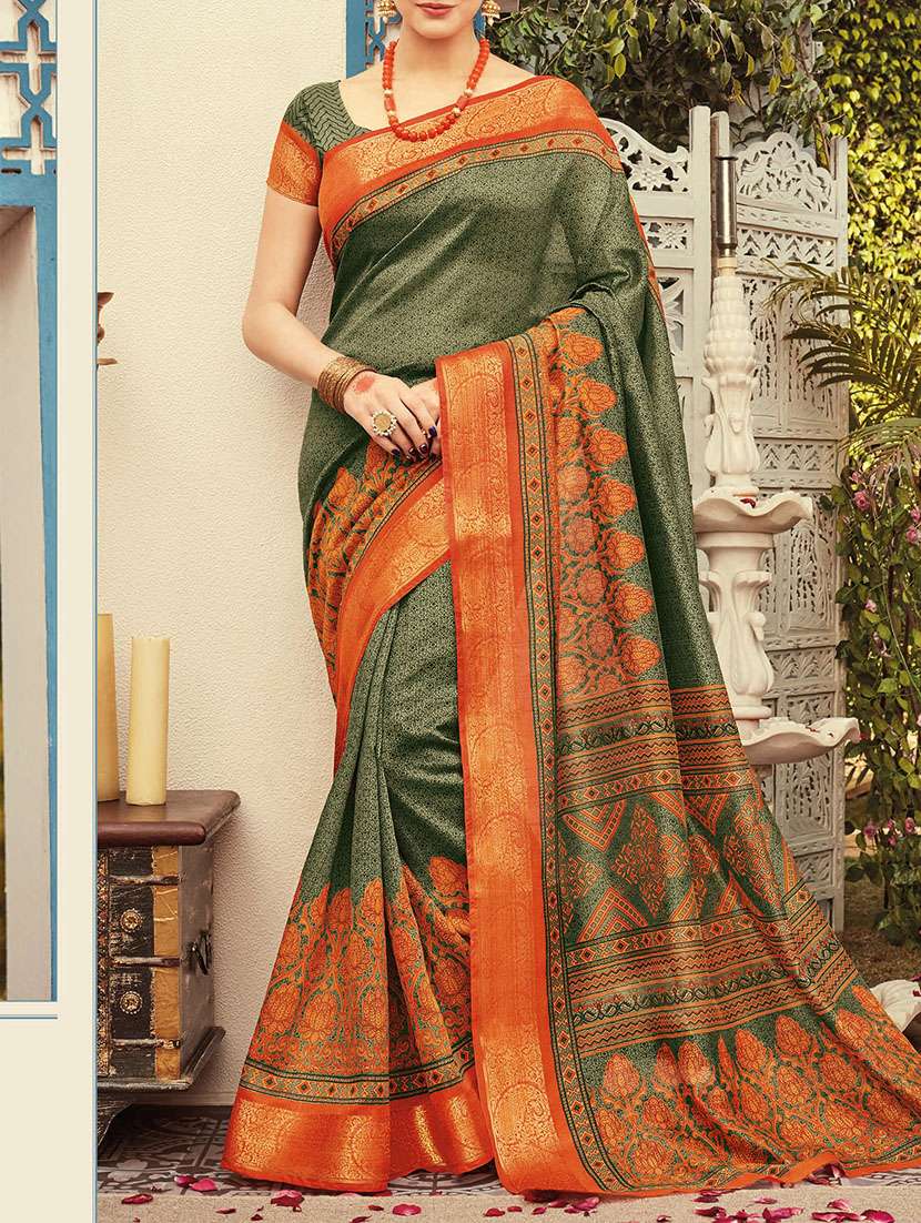 green printed saree with blouse